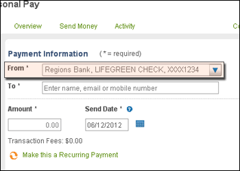 Personal Pay Send Money Regions Step 2 Select The Account You Want To Send Money From In Drop Down Menu