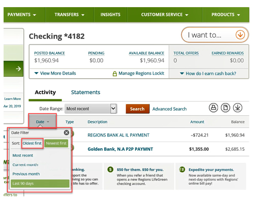 How To Sort Filter Transaction History In Regions Online Banking