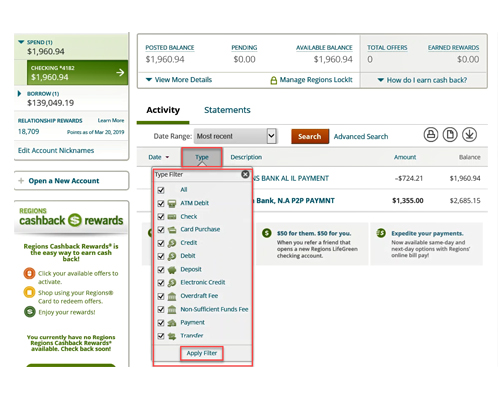 How To Sort Filter Transaction History In Regions Online Banking