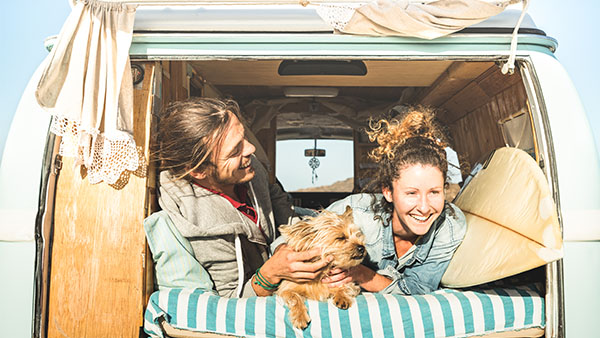 young couple traveling in a van with their dog
