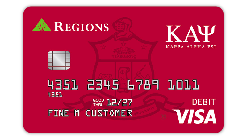 Ejemplo de tarjeta de débito Visa® Kappa Alpha Psi con fondo carmesí y logotipo de la fraternidad.