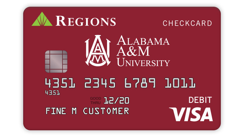 Example of Alabama A and M Visa® debit card with maroon background and school logo. 