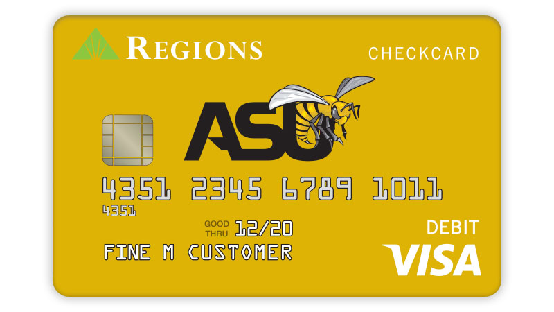 Ejemplo de la tarjeta de débito Visa® Alabama State con fondo amarillo y logotipo de la universidad.
