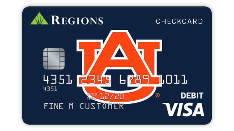 Ejemplo de la tarjeta de débito Visa® Auburn con fondo azul oscuro y logotipo de la universidad.