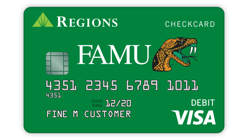 Ejemplo de la tarjeta de débito Visa® Florida A and M con fondo verde y logotipo de la universidad.