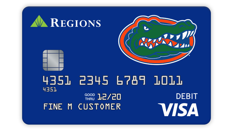 Example of Florida Gators Visa® debit card with blue background and Gator logo.