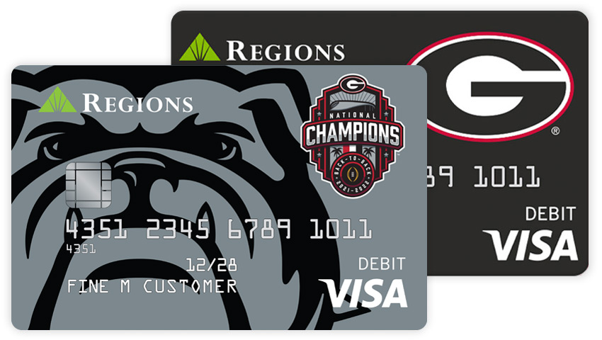 Dos ejemplos de opciones de tarjeta de débito Visa® Georgia Bulldogs con fondo gris y diferentes marcas de agua y logotipos.