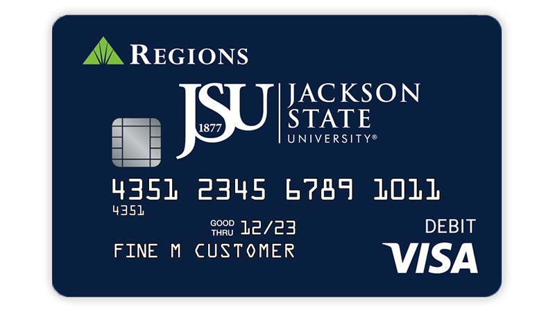 Ejemplo de la tarjeta de débito Visa® Jackson State con fondo azul oscuro y logotipo de la universidad.