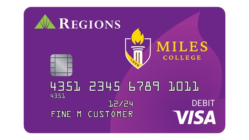 Ejemplo de la tarjeta de débito Visa® Miles College con fondo púrpura, marca de agua y logotipo de la facultad.