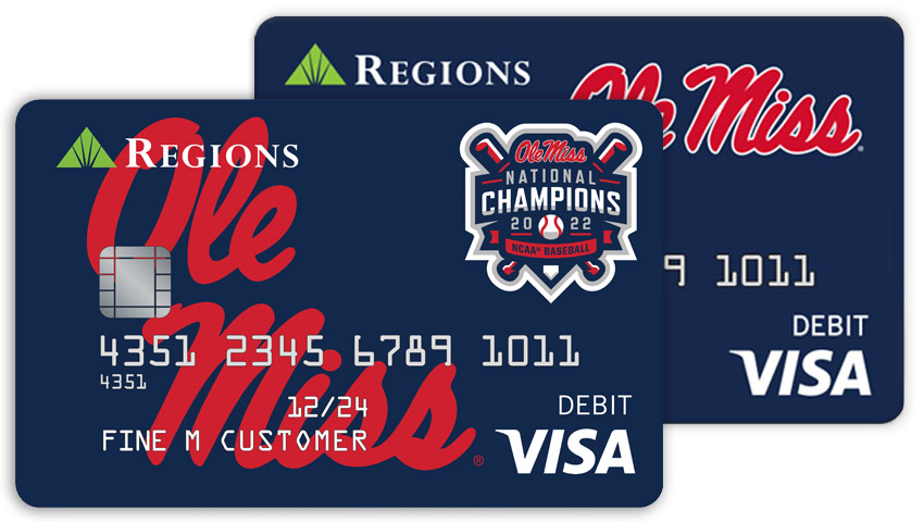 Dos ejemplos de opciones de tarjeta de débito Visa® Mississippi con fondo azul oscuro y diferentes marcas de agua y logotipos.