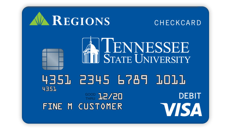 Ejemplo de la tarjeta de débito Visa® Tennessee State con fondo azul y logotipo de la universidad.