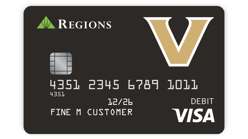 Example of Vanderbilt Visa® debit card with black background and school logo. 