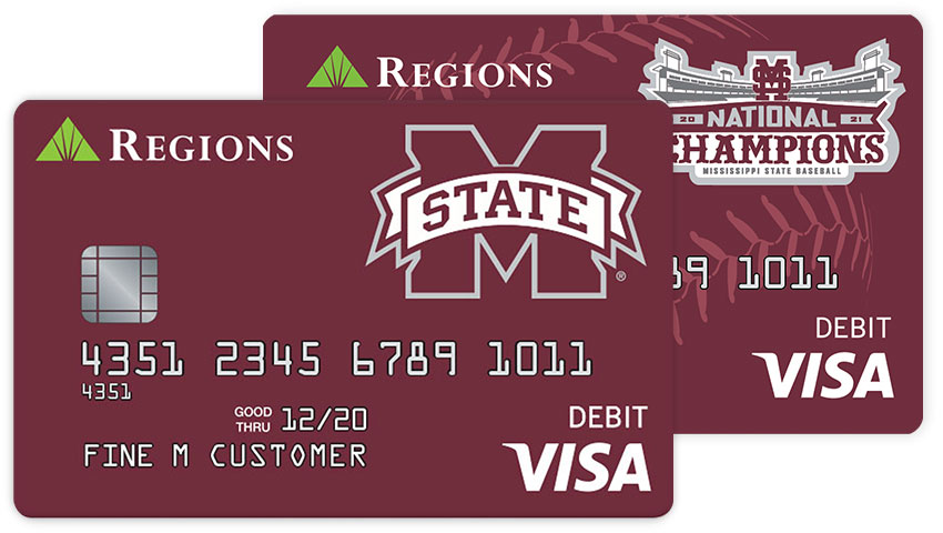 Dos ejemplos de opciones de tarjeta de débito Visa® Mississippi State con fondo granate y diferentes marcas de agua y logotipos.