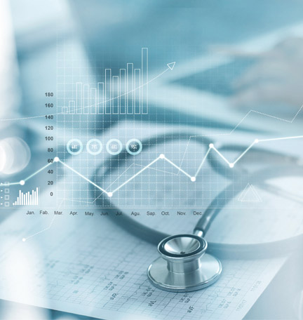 Gráfico del negocio de atención médica con con exámenes médicos y hombre de negocios analizando datos y el diagrama de crecimiento con foto con fondo difuso