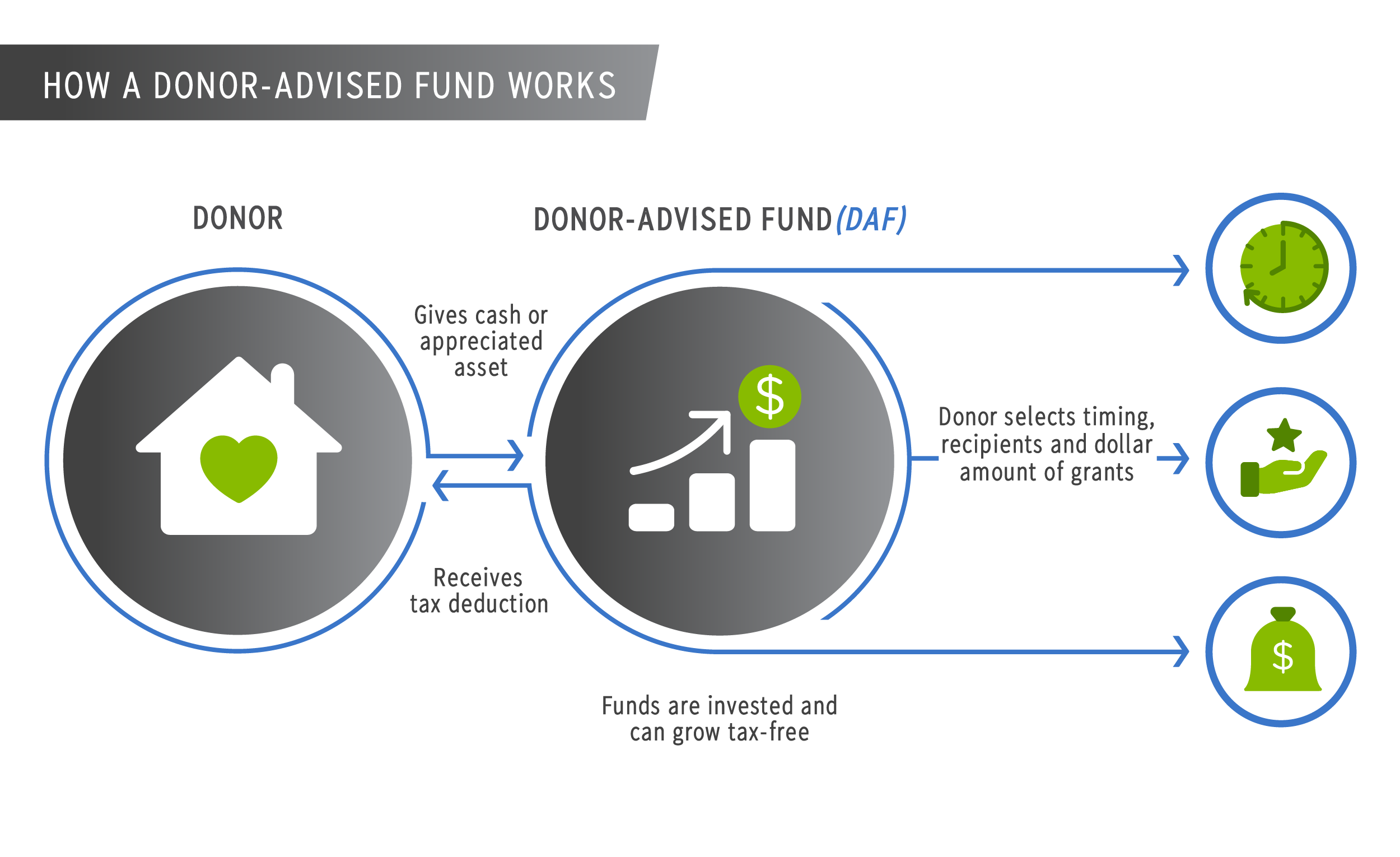 Infographic showing how a donor-advised fund works: a donor contributes cash or appreciated assets, receives a tax deduction, funds are invested and can grow tax-free, and the donor later chooses the timing, recipients, and amounts of charitable grants.