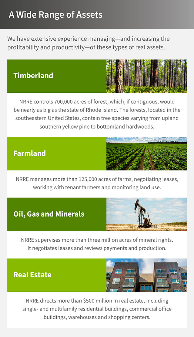 This graphic is called, “A Wide Range of Assets,” and details four types of assets. An introduction reads, “We have extensive experience managing—and increasing the profitability and productivity—of these types of real assets.” The first is, “Timberland. NRRE controls 700,000 acres of forest, which, if contiguous, would be nearly as big as the state of Rhode Island. The forests, located in the southeastern United States, contain tree species varying from upland southern yellow pine to bottomland hardwoods.” The second is, “Farmland. NRRE manages more than 125,000 acres of farms, negotiating leases, working with tenant farmers and monitoring land use.” The third is, “Oil, Gas and Minerals. NRRE supervises more than three million acres of mineral rights. It negotiates leases and reviews payments and production.” The fourth and final is, “Real Estate. NRRE directs more than $500 million in real estate, including single- and multifamily residential buildings, commercial office buildings, warehouses and shopping centers.”